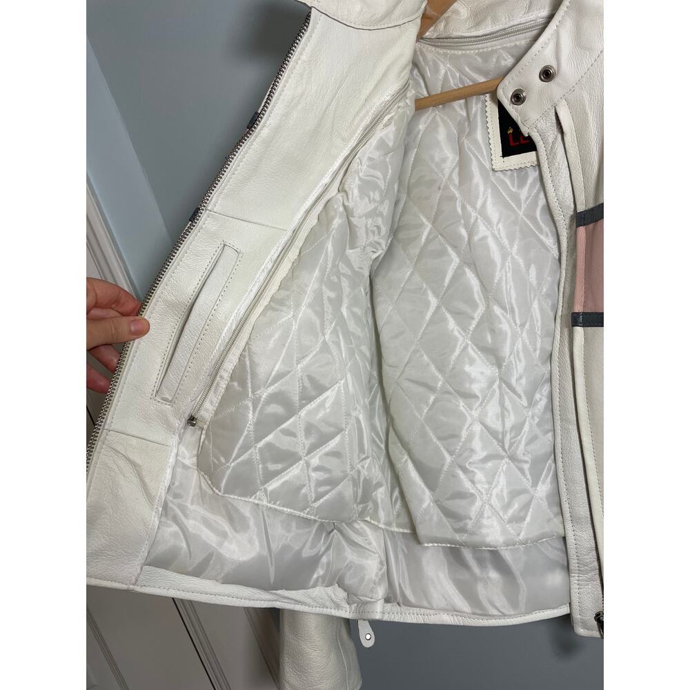 Hot Leathers Women’s Large white leather moto jacket pockets zippers pink strip - Picture 8 of 8